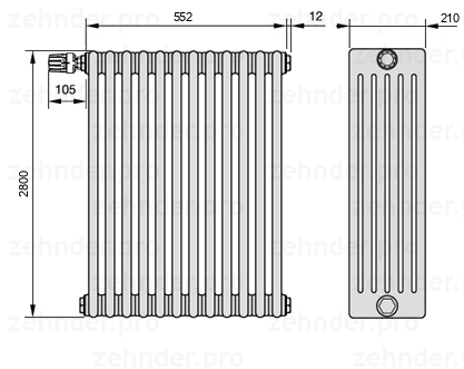 Схема (чертеж) Радиатор Zehnder Charleston 6280/12 №V012 Белый глянцевый RAL 9016